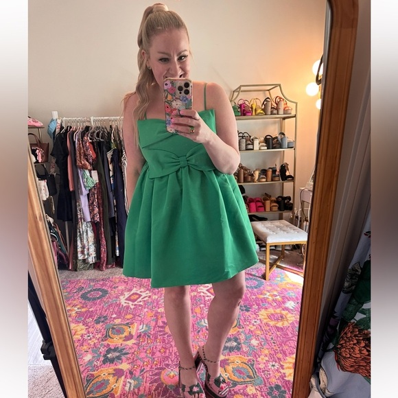 Sachin & Babi Sloane Taffeta Double-Bow Pleated Colorblock Mini Dress in Green - Picture 3 of 7